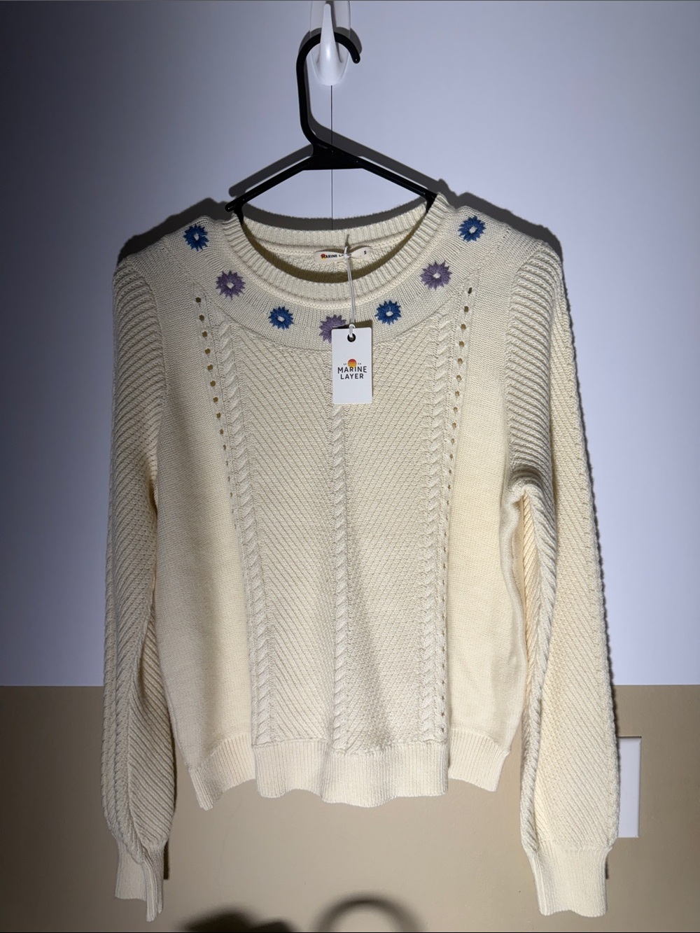 Marine Layer Cream Cable Knit Sweater with Embroidered Floral Neck
